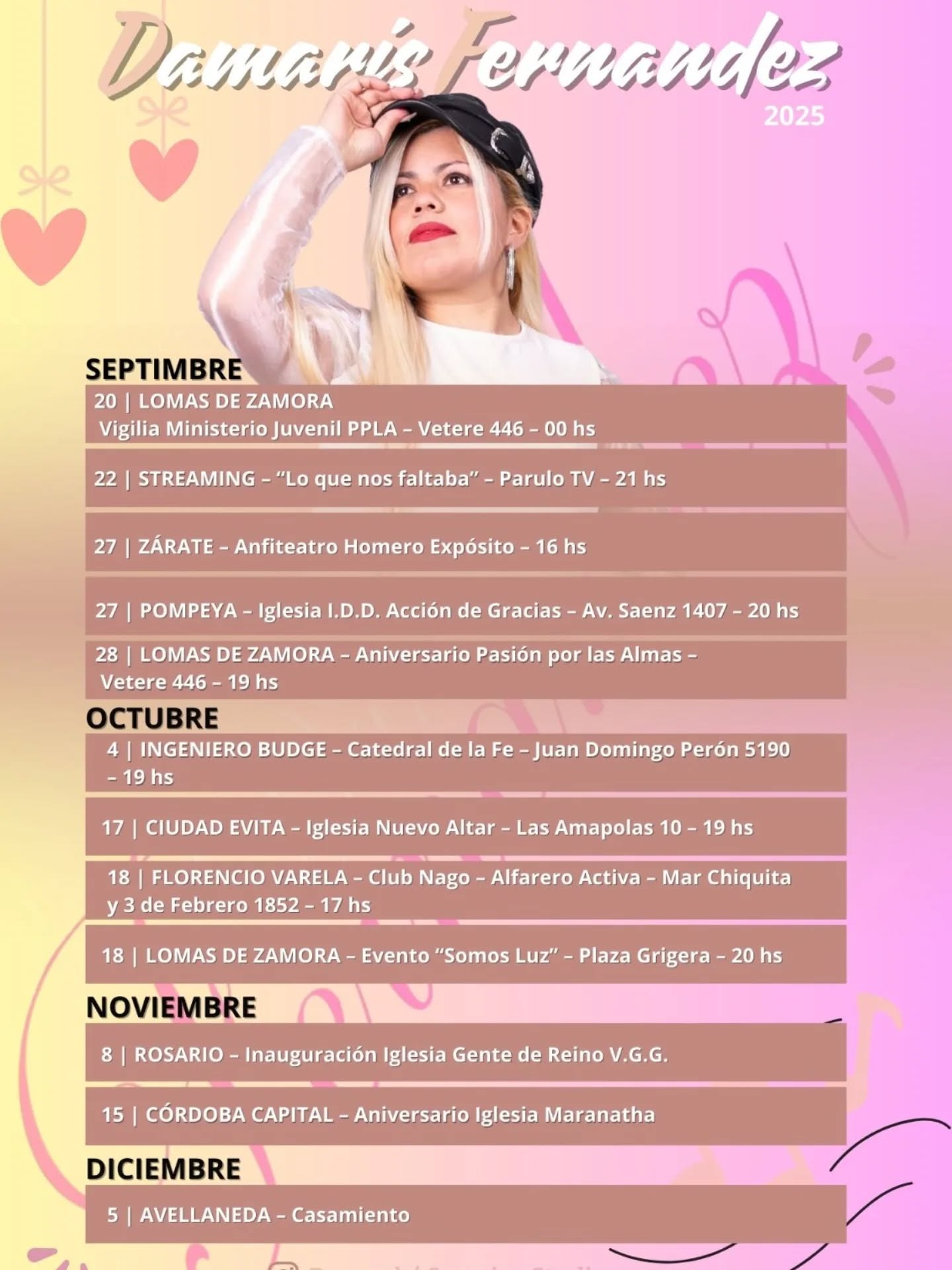 Damaris Fernández anuncia sus presentaciones para los próximos meses